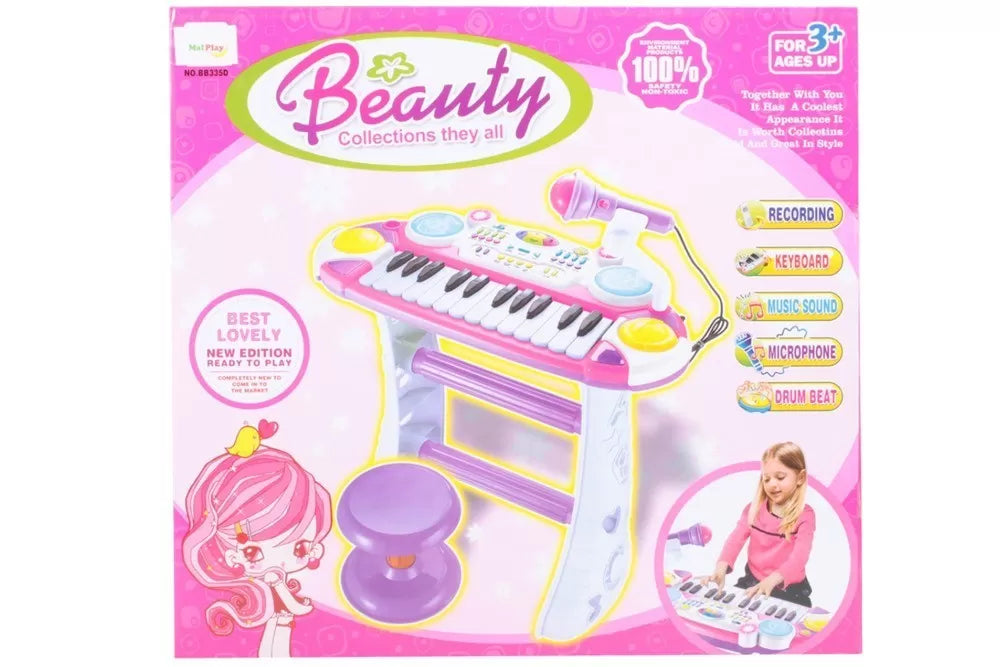INSTRUMENT MUZICAL PIANINA ELECTRONICA MALPLAY CU SCAUN SI MICROFON 45 CM INALTIME ROZ, AS