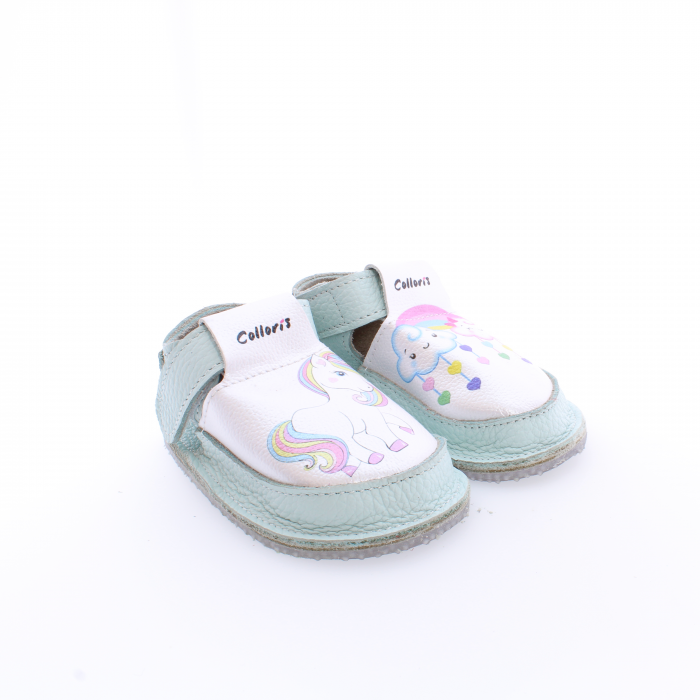 Pantofi / Sandale din piele naturala cu print digital Unicorn si nori pentru cresa, gradinita si interior