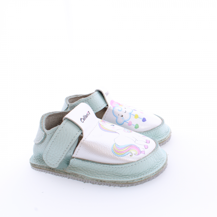 Pantofi / Sandale din piele naturala cu print digital Unicorn si nori pentru cresa, gradinita si interior