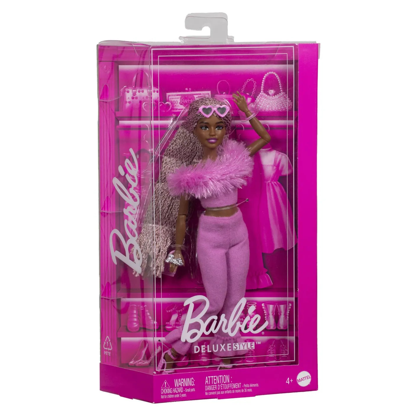 BARBIE DELUXE STYLE PAPUSA BARBIE CU SALOPETA ROZ SI PAR IMPLETIT, BARBIE - FASHIONISTAS