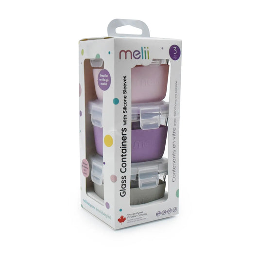 SET 3 RECIPIENTE STICLA 3 160ML CU HUSA ANTIDERAPANTA SILICON MELII ROZ MOV GRI, MELII
