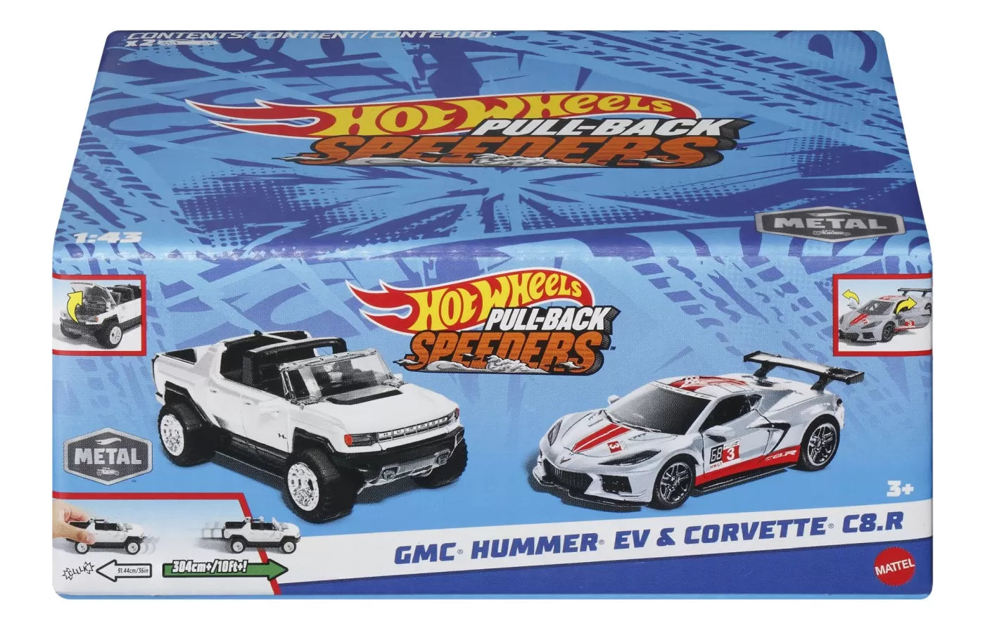HOT WHEELS SET 2 MASINUTE METALICE PULL BACK GMC HUMMER EV SI CORVETTE C8R 1:43, HOT WHEELS - VEHICULE