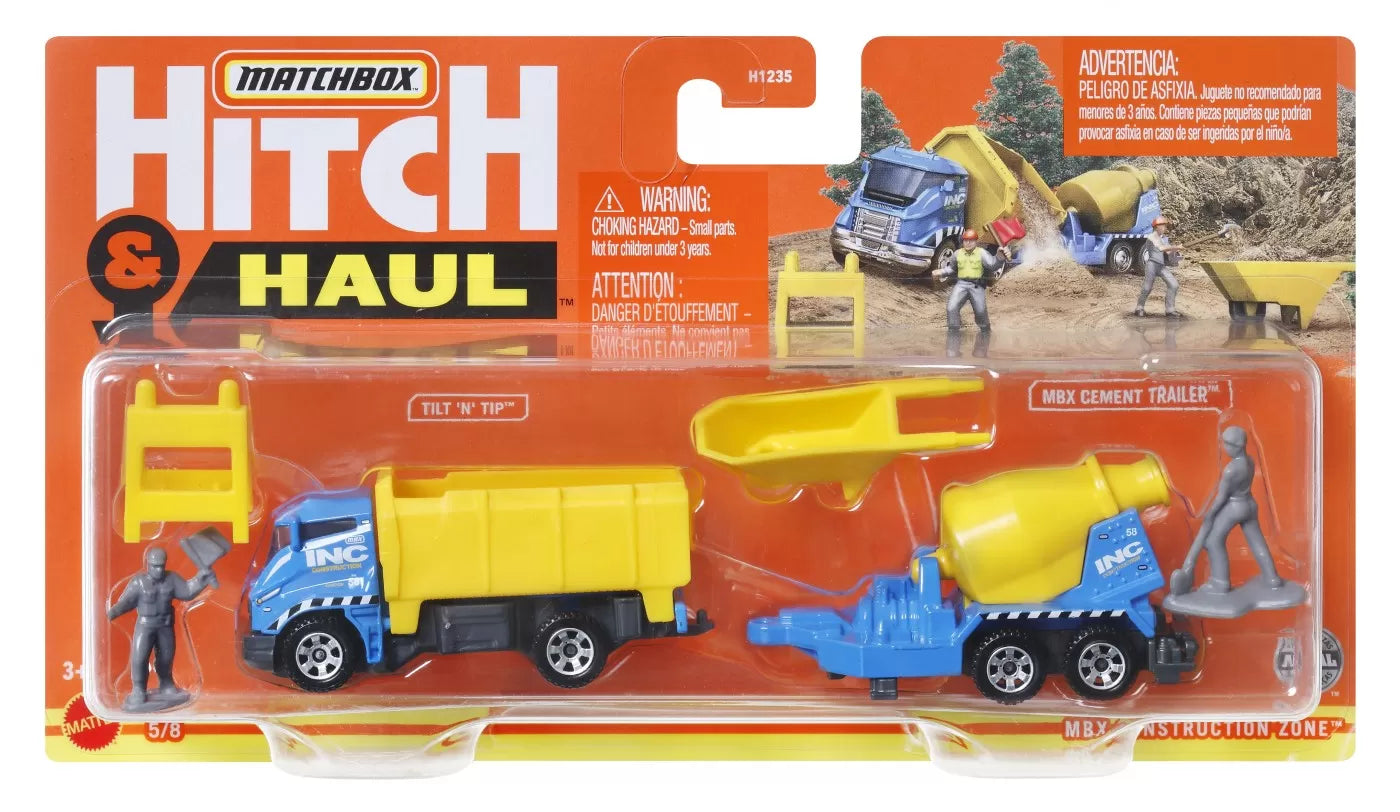 MATCHBOX HITCH&HAUL SET 2 VEHICULE MBX CONSTRUCTION ZONE TILT N TIP MBX CEMENT TRAILER SCARA 1:64, MATCHBOX
