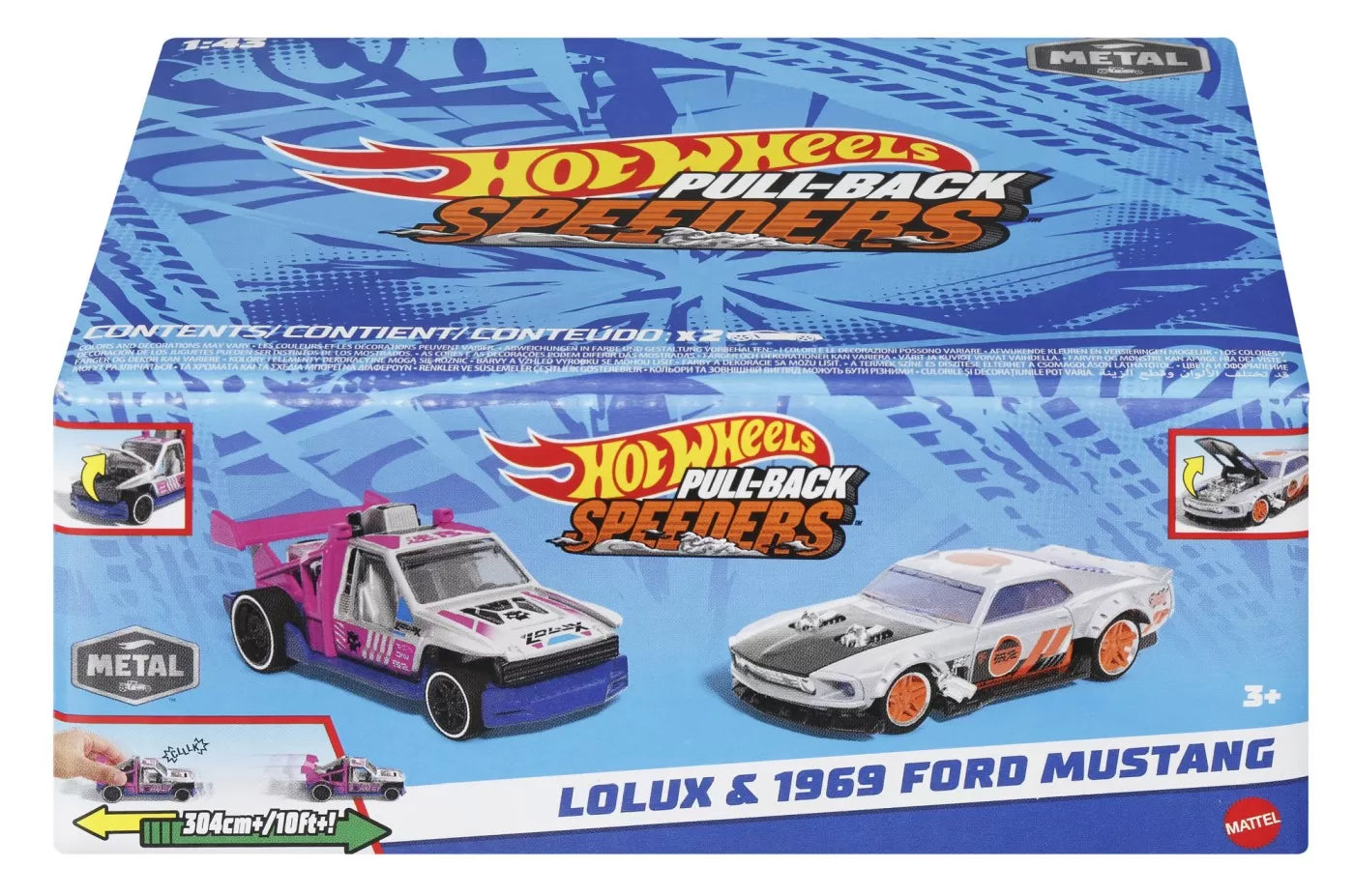 HOT WHEELS SET 2 MASINUTE METALICE PULL BACK LOLUX SI 1969 FORD MUSTANG 1:43, HOT WHEELS - VEHICULE