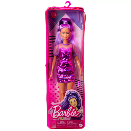 PAPUSA BARBIE FASHIONISTA CU PAR MOV CU ROCHIE CU UMERI BUFANTI, BARBIE - FASHIONISTAS