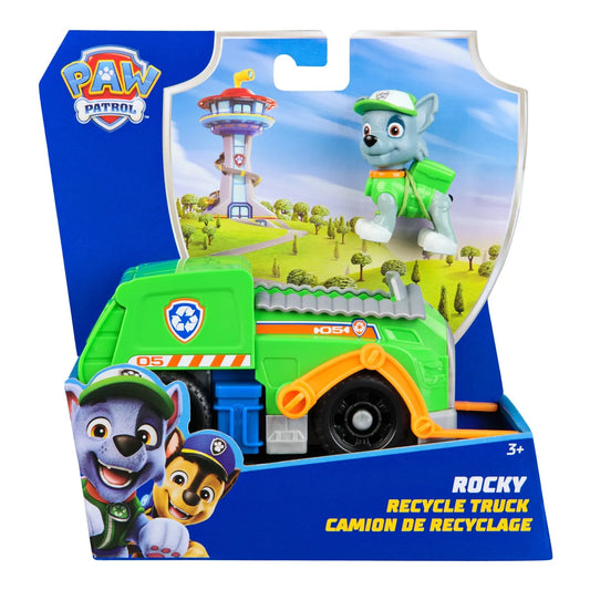 PATRULA CATELUSILOR SET VEHICUL DE BAZA CAMIONUL DE RECICLARE  SI FIGURINA ROCKY, PATRULA CATELUSILOR