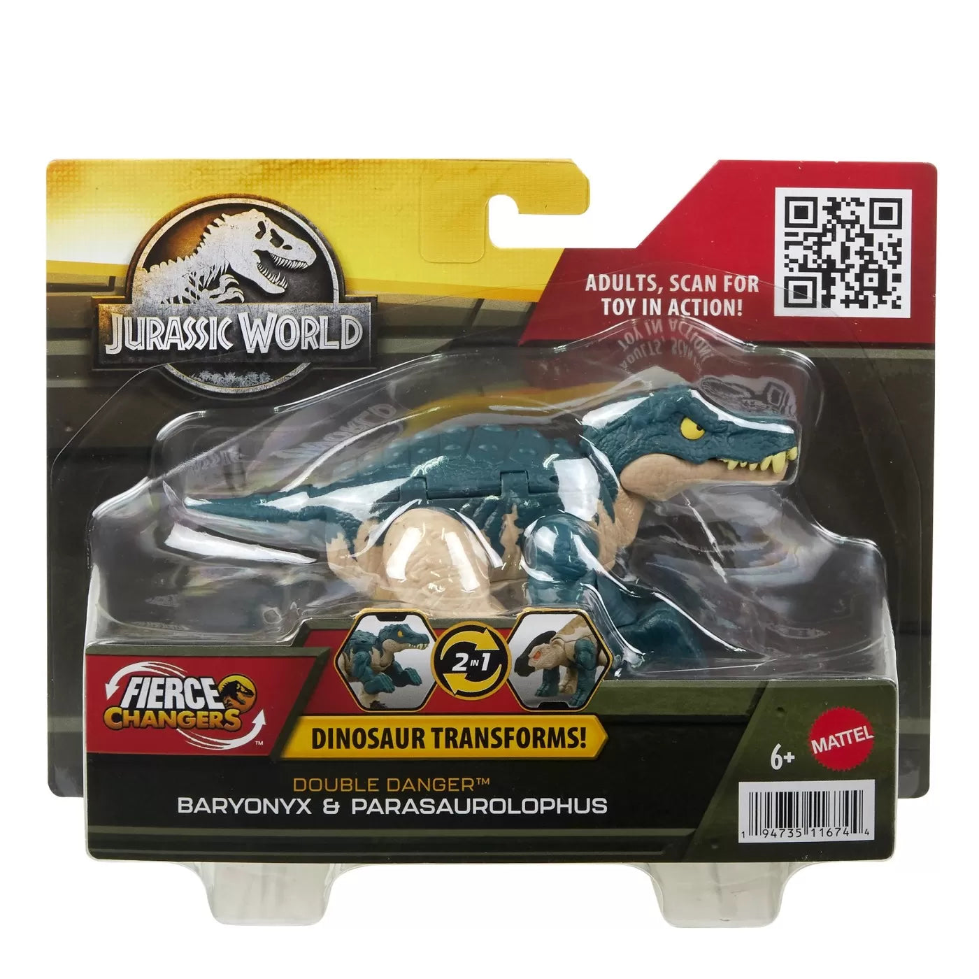 JURASSIC WORLD FIERCE CHANGERS DOUBLE DANGER DINOZAUR TRANSFORMABIL BARYONYX SI PARASAUROLOPHUS, JURASSIC WORLD
