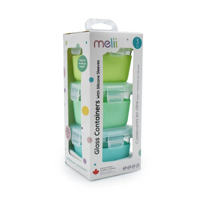 SET 3 RECIPIENTE STICLA 3 160ML CU HUSA ANTIDERAPANTA SILICON MELII BLUE MINT LIME, MELII