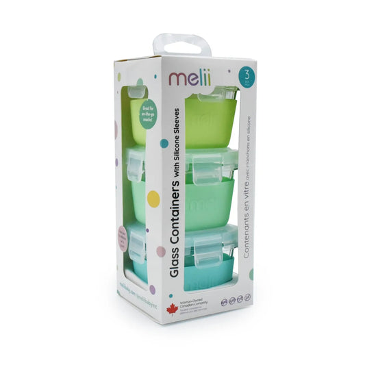 SET 3 RECIPIENTE STICLA 3 160ML CU HUSA ANTIDERAPANTA SILICON MELII BLUE MINT LIME, MELII