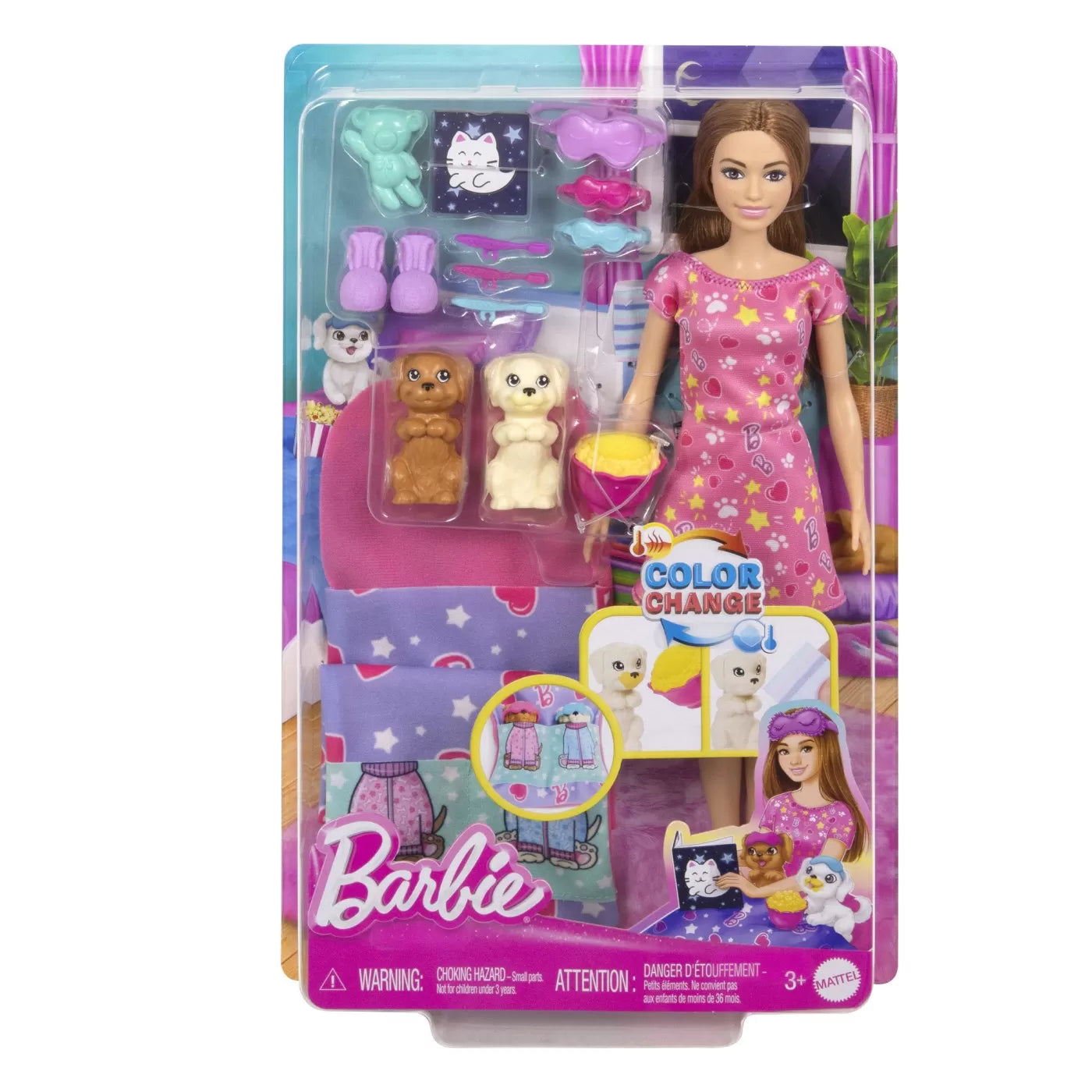 BARBIE PAPUSA BARBIE FAMILY SET PETRECERE CU 2 CATELUSI COLOR CHANGE, BARBIE - FAMILY