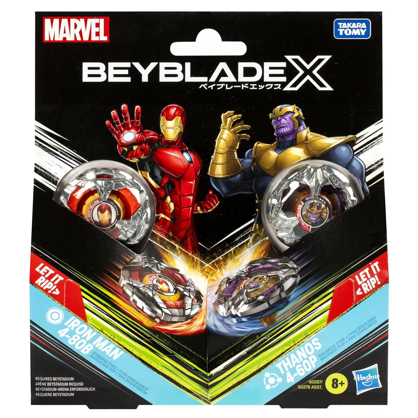 BEYBLADE X MARVEL SET DUO IRON MAN 4-80B SI THANOS 4-60P, BEY BLADE
