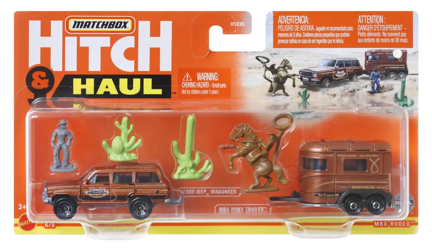 MATCHBOX HITCH&HAUL SET 2 VEHICULE MBX RODEO 1988 JEEP WAGONEER MBX PONY TRAILER SCARA 1:64, MATCHBOX