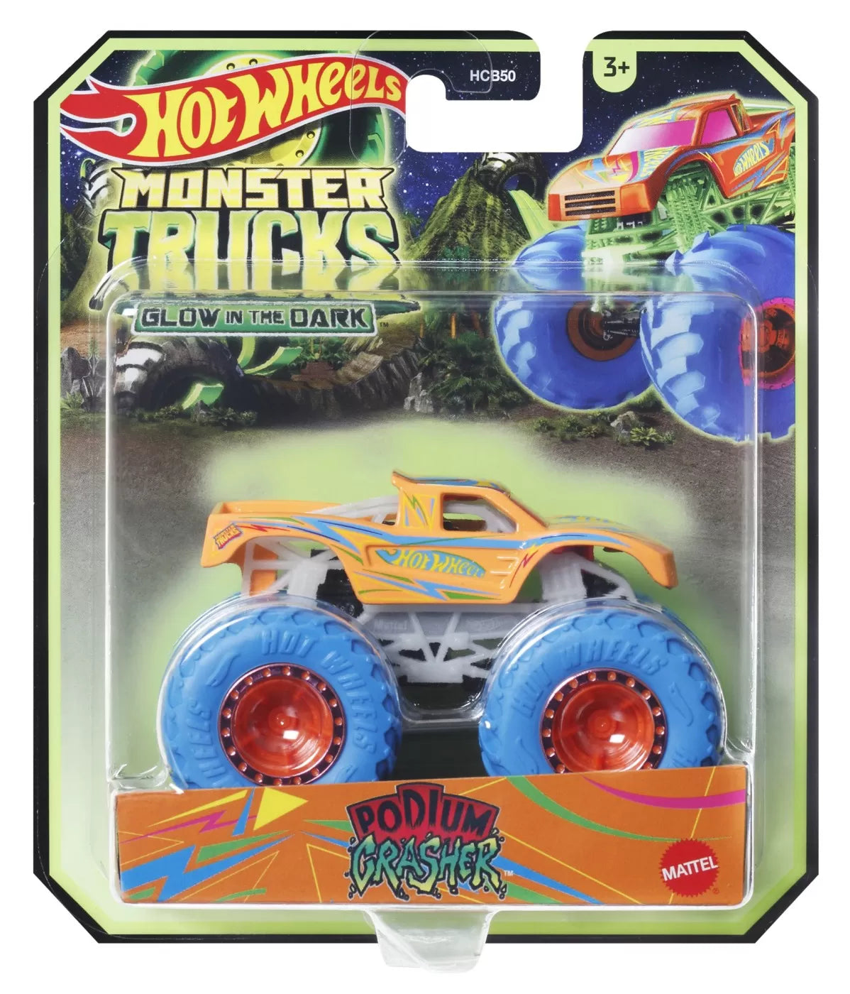 HOT WHEELS MONSTER TRUCK GLOW IN THE DARK MASINUTA PODIUM CRASHER SCARA 1:64, HOT WHEELS - MONSTER TRUCK