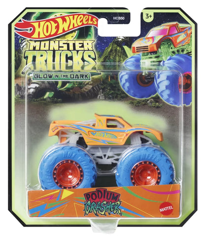 HOT WHEELS MONSTER TRUCK GLOW IN THE DARK MASINUTA PODIUM CRASHER SCARA 1:64, HOT WHEELS - MONSTER TRUCK