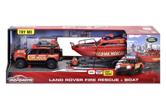 MAJORETTE SET MASINA DE POMPIERI LAND ROVER SI BARCA DE SALVARE, MAJORETTE