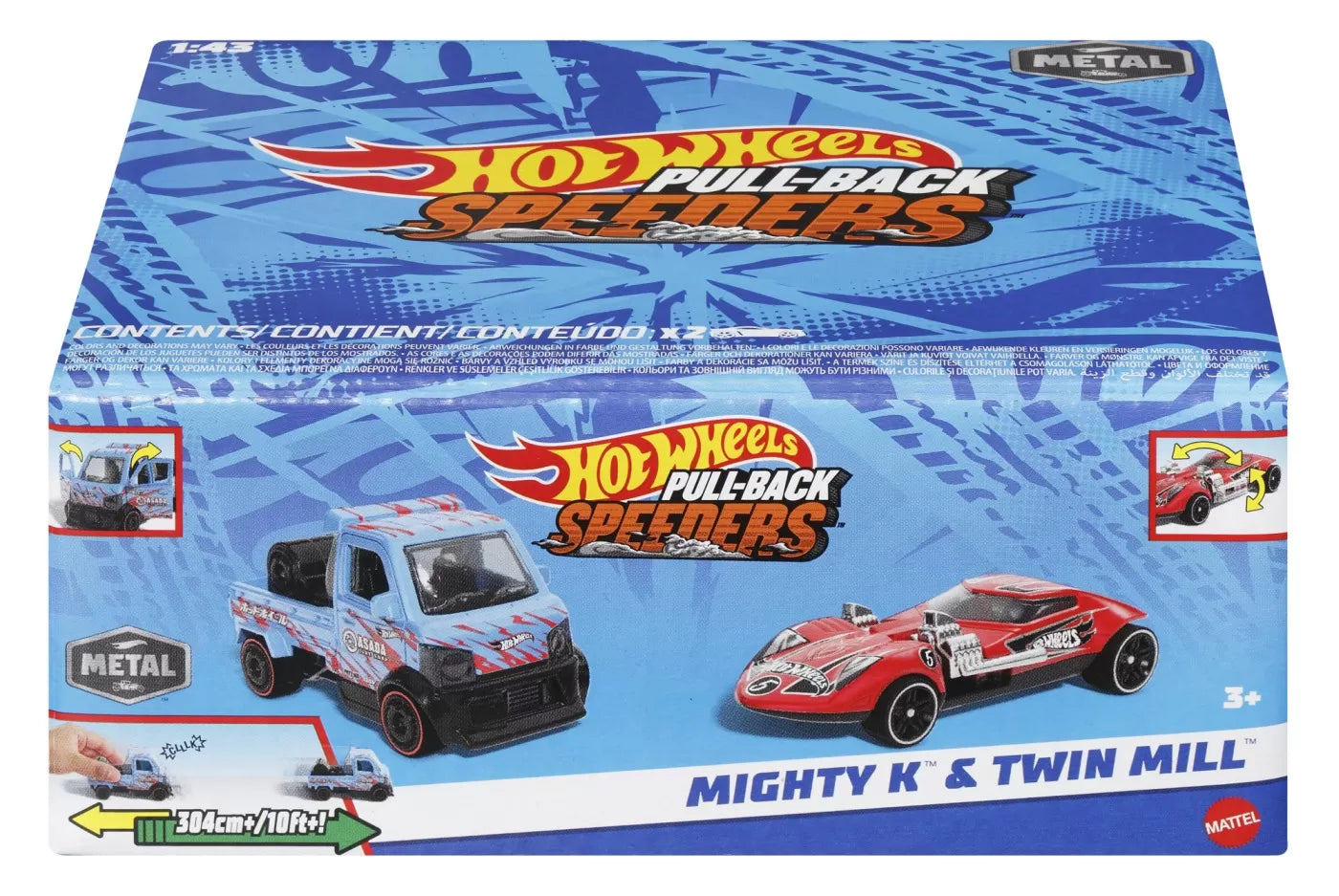 HOT WHEELS SET 2 MASINUTE METALICE PULL BACK MIGHTY K SI TWIN MILL 1:43, HOT WHEELS - VEHICULE