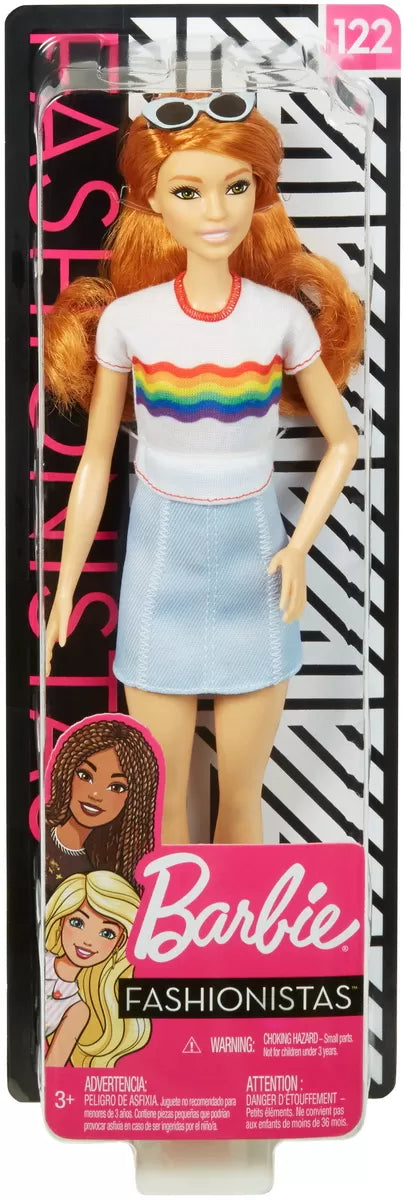 PAPUSA BARBIE FASHIONISTA CU FUSTITA SI TRICOU CURCUBEU, BARBIE - FASHIONISTAS