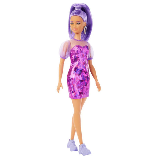 PAPUSA BARBIE FASHIONISTA CU PAR MOV CU ROCHIE CU UMERI BUFANTI, BARBIE - FASHIONISTAS