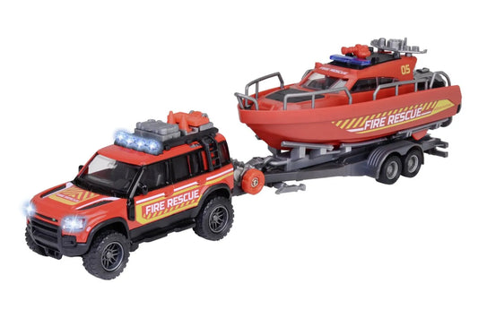 MAJORETTE SET MASINA DE POMPIERI LAND ROVER SI BARCA DE SALVARE, MAJORETTE