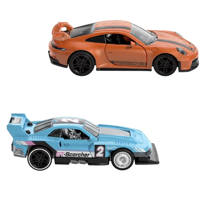 HOT WHEELS SET 2 MASINUTE METALICE PULL BACK GT-SCORCHER SI PORSCHE 911 GT3 1:43, HOT WHEELS - VEHICULE