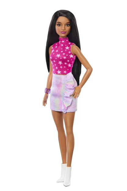 PAPUSA BARBIE FASHIONISTA BRUNETA CU TOP CU STELUTE, BARBIE - FASHIONISTAS