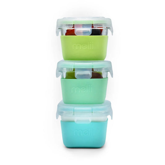 SET 3 RECIPIENTE STICLA 3 160ML CU HUSA ANTIDERAPANTA SILICON MELII BLUE MINT LIME, MELII