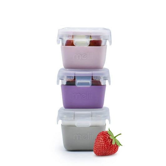 SET 3 RECIPIENTE STICLA 3 160ML CU HUSA ANTIDERAPANTA SILICON MELII ROZ MOV GRI, MELII