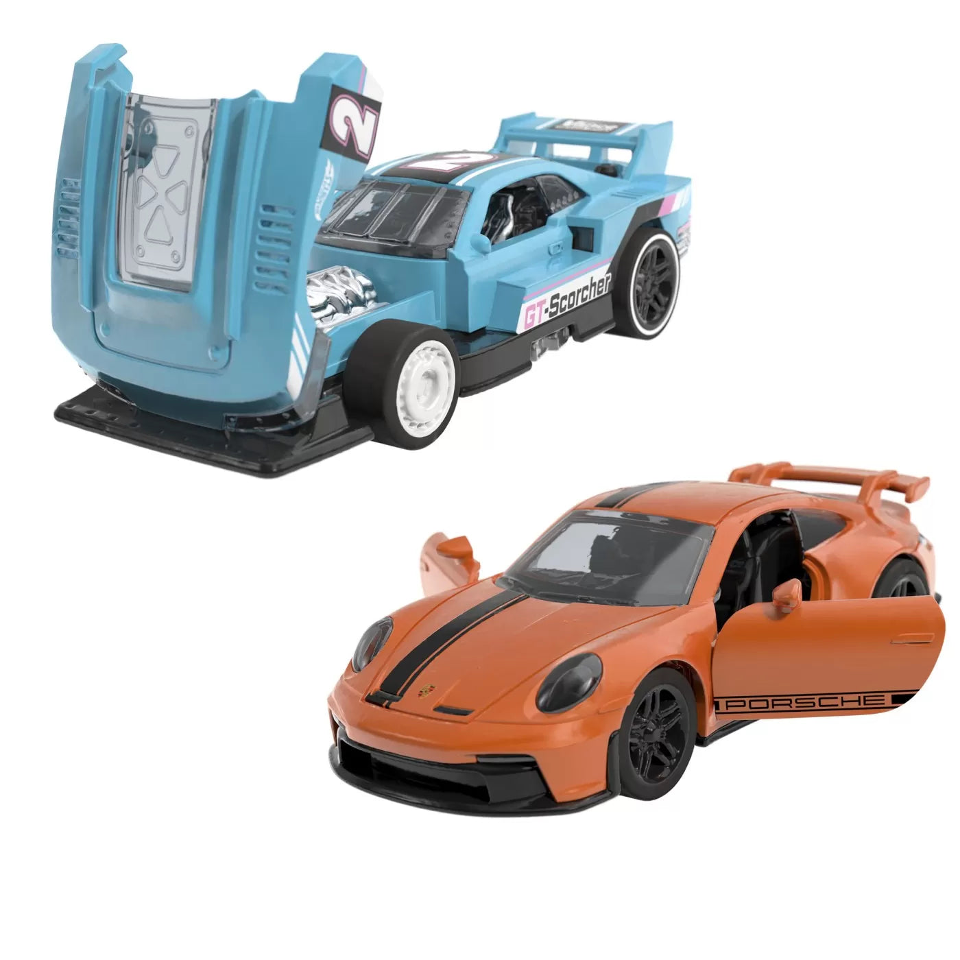 HOT WHEELS SET 2 MASINUTE METALICE PULL BACK GT-SCORCHER SI PORSCHE 911 GT3 1:43, HOT WHEELS - VEHICULE
