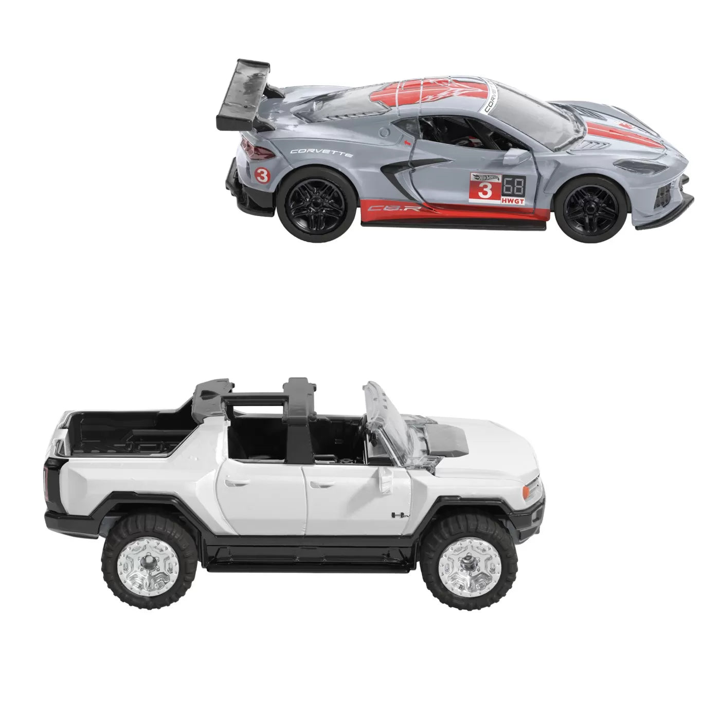 HOT WHEELS SET 2 MASINUTE METALICE PULL BACK GMC HUMMER EV SI CORVETTE C8R 1:43, HOT WHEELS - VEHICULE