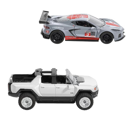 HOT WHEELS SET 2 MASINUTE METALICE PULL BACK GMC HUMMER EV SI CORVETTE C8R 1:43, HOT WHEELS - VEHICULE