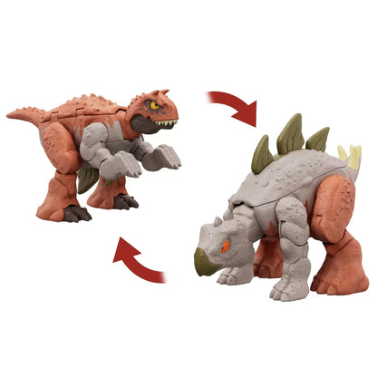 JURASSIC WORLD FIERCE CHANGERS DOUBLE DANGER DINOZAUR TRANSFORMABIL CARNOTAURUS SI STEGOSAURUS, JURASSIC WORLD