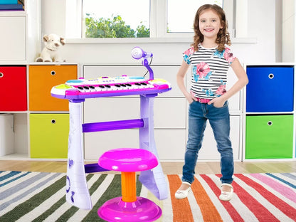 INSTRUMENT MUZICAL PIANINA ELECTRONICA MALPLAY CU SCAUN SI MICROFON 45 CM INALTIME ROZ, AS