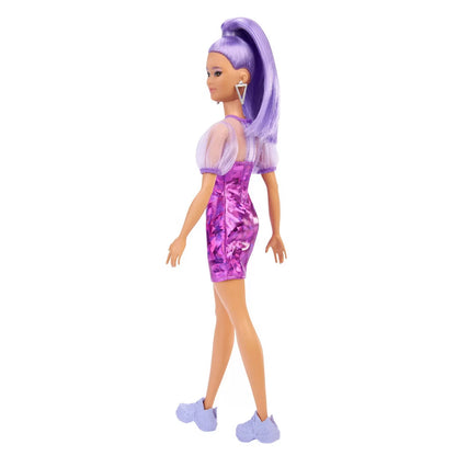 PAPUSA BARBIE FASHIONISTA CU PAR MOV CU ROCHIE CU UMERI BUFANTI, BARBIE - FASHIONISTAS
