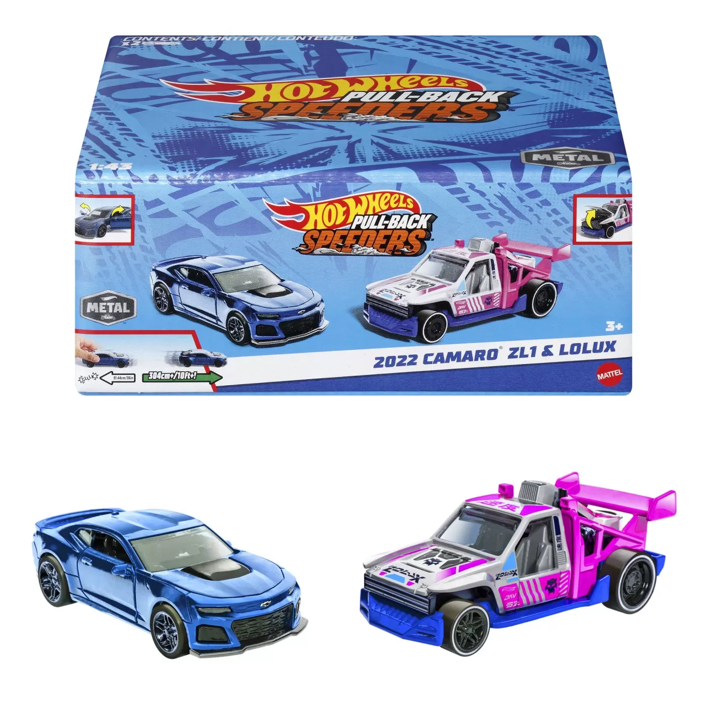 HOT WHEELS SET 2 MASINUTE METALICE PULL BACK CAMARO ZL1 2022 SI LOLUX 1:43, HOT WHEELS - VEHICULE