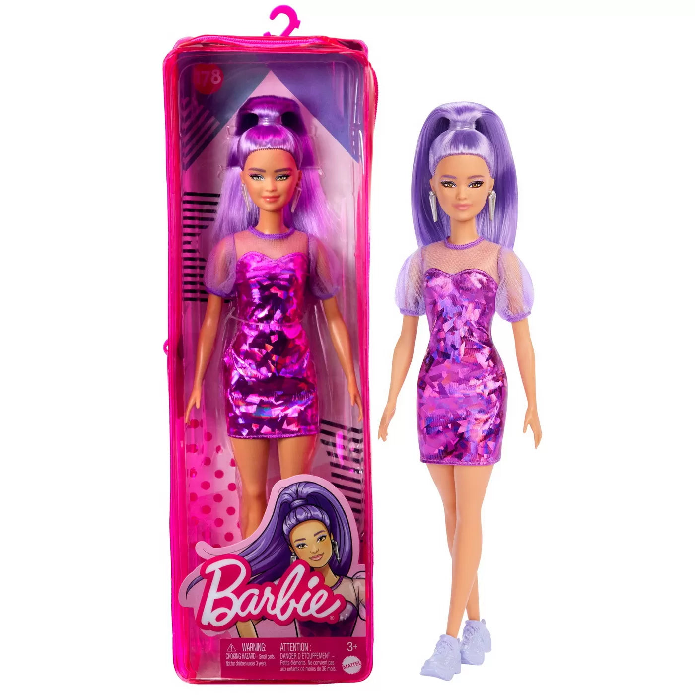 PAPUSA BARBIE FASHIONISTA CU PAR MOV CU ROCHIE CU UMERI BUFANTI, BARBIE - FASHIONISTAS