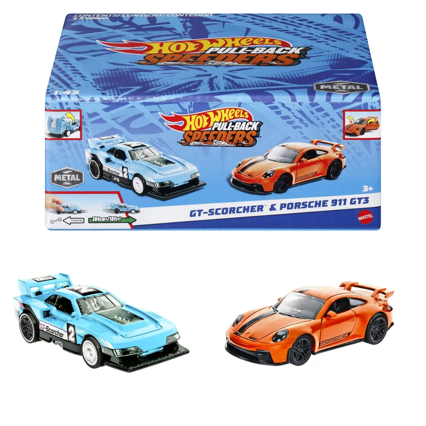 HOT WHEELS SET 2 MASINUTE METALICE PULL BACK GT-SCORCHER SI PORSCHE 911 GT3 1:43, HOT WHEELS - VEHICULE