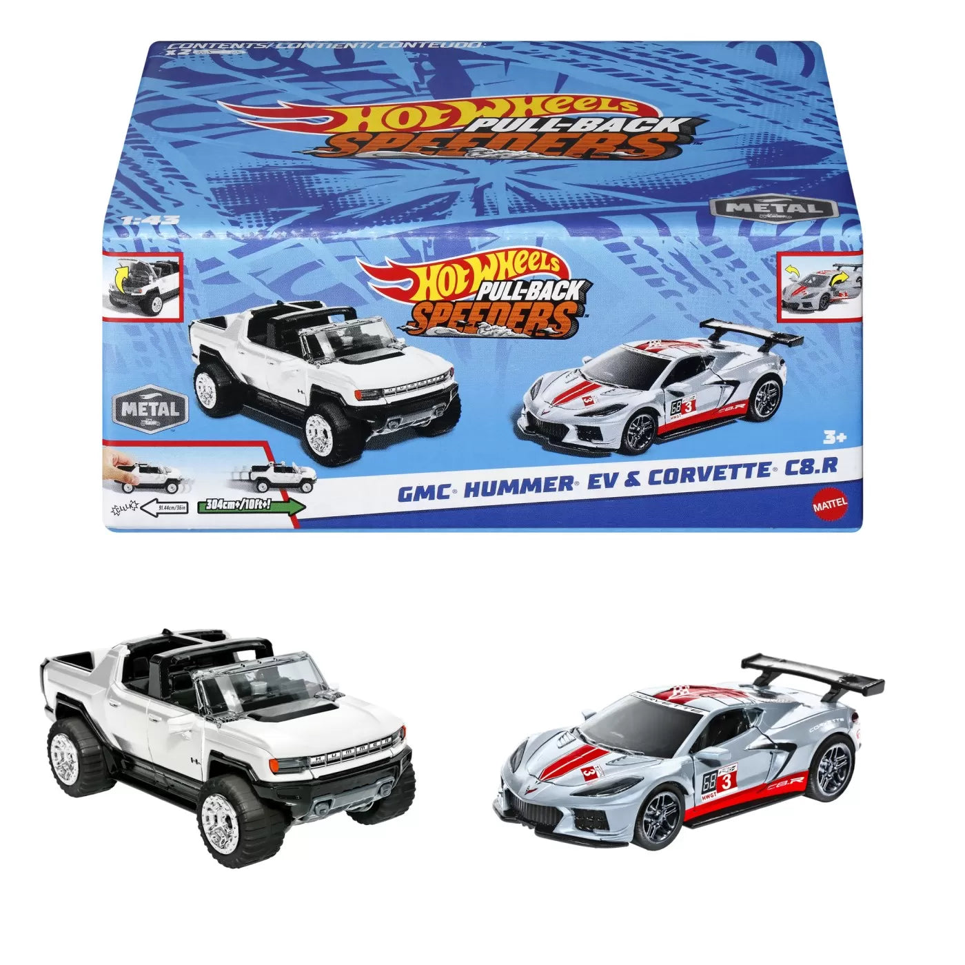 HOT WHEELS SET 2 MASINUTE METALICE PULL BACK GMC HUMMER EV SI CORVETTE C8R 1:43, HOT WHEELS - VEHICULE