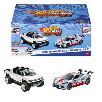 HOT WHEELS SET 2 MASINUTE METALICE PULL BACK GMC HUMMER EV SI CORVETTE C8R 1:43, HOT WHEELS - VEHICULE