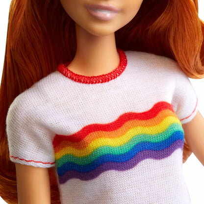 PAPUSA BARBIE FASHIONISTA CU FUSTITA SI TRICOU CURCUBEU, BARBIE - FASHIONISTAS