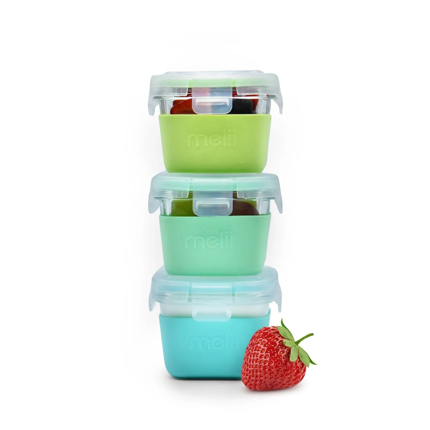 SET 3 RECIPIENTE STICLA 3 160ML CU HUSA ANTIDERAPANTA SILICON MELII BLUE MINT LIME, MELII