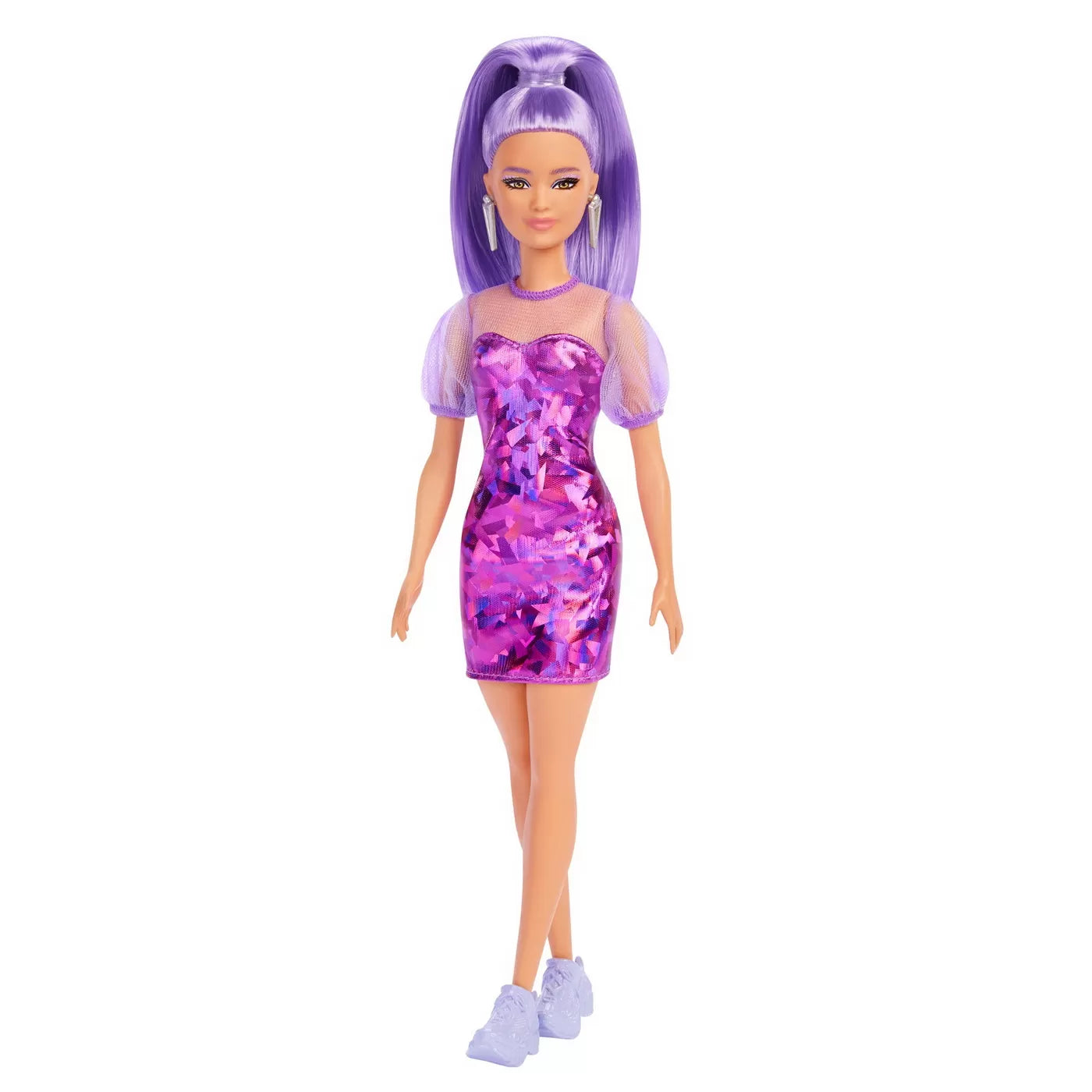 PAPUSA BARBIE FASHIONISTA CU PAR MOV CU ROCHIE CU UMERI BUFANTI, BARBIE - FASHIONISTAS