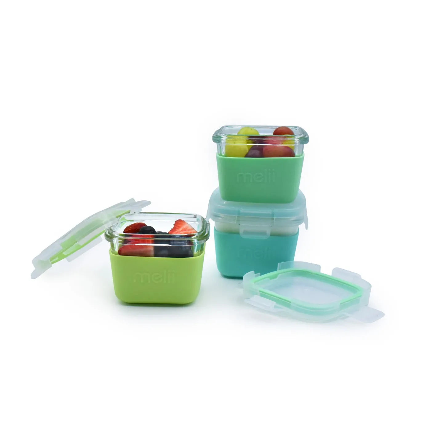 SET 3 RECIPIENTE STICLA 3 160ML CU HUSA ANTIDERAPANTA SILICON MELII BLUE MINT LIME, MELII
