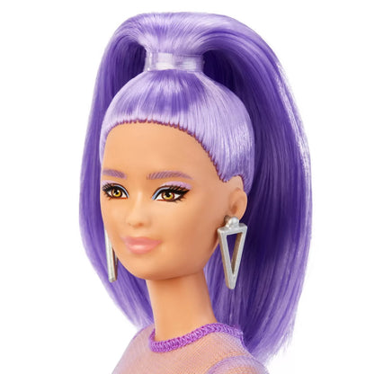 PAPUSA BARBIE FASHIONISTA CU PAR MOV CU ROCHIE CU UMERI BUFANTI, BARBIE - FASHIONISTAS