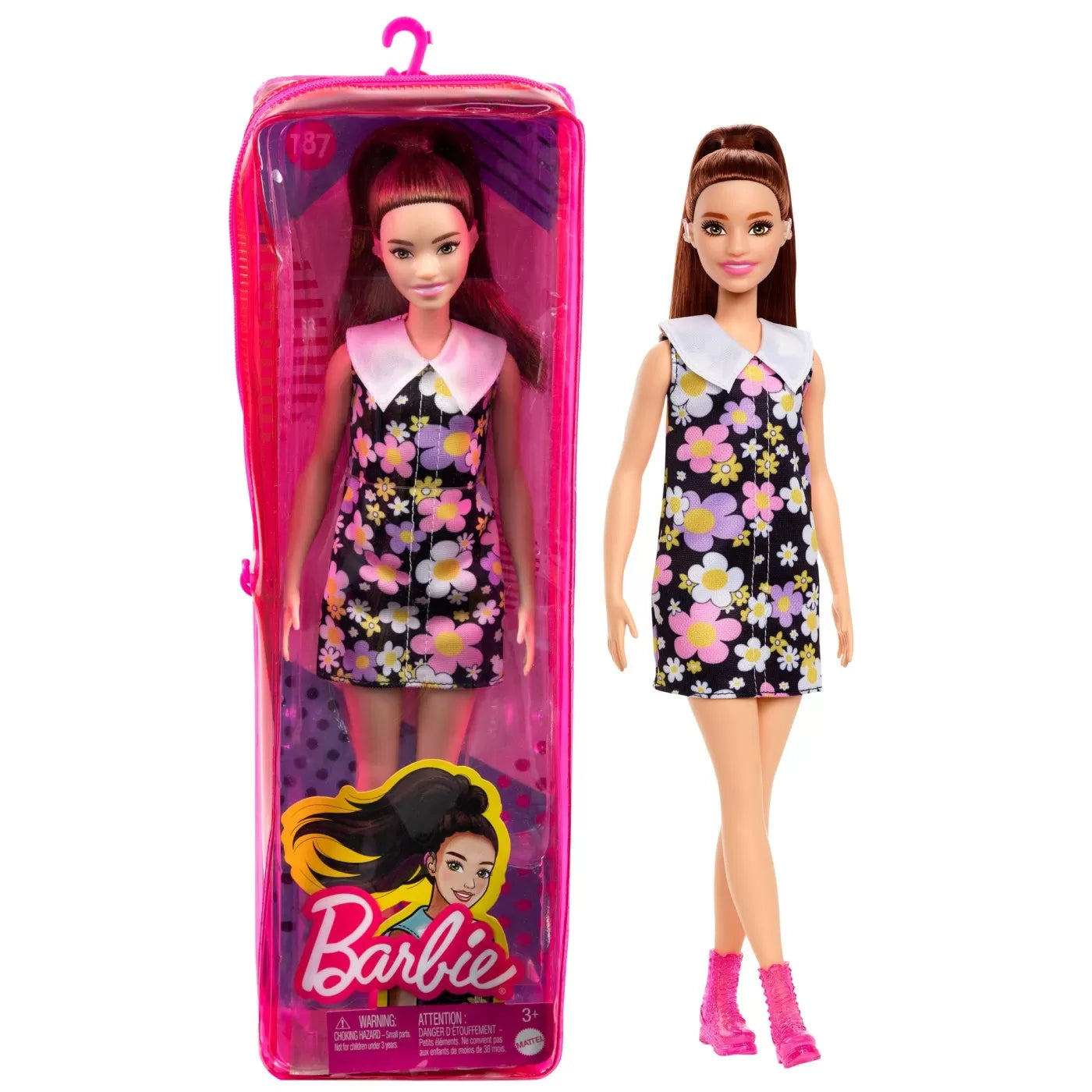 PAPUSA BARBIE FASHIONISTA SATENA CU ROCHIE CU IMPRIMEU FLORAL, BARBIE - FASHIONISTAS