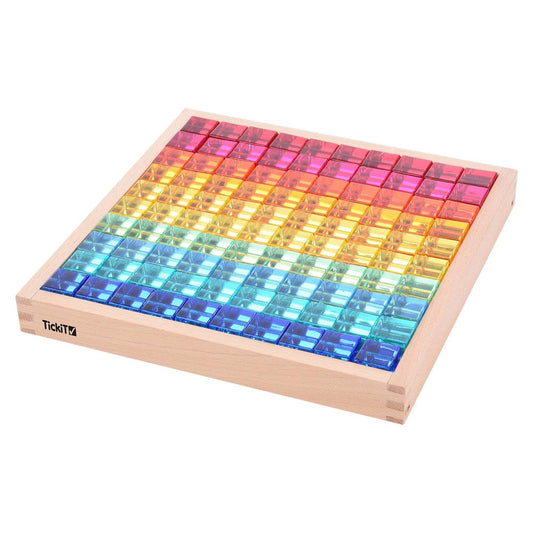 Gem Cube, set 100 cuburi acrilice cu tava din lemn, Tickit