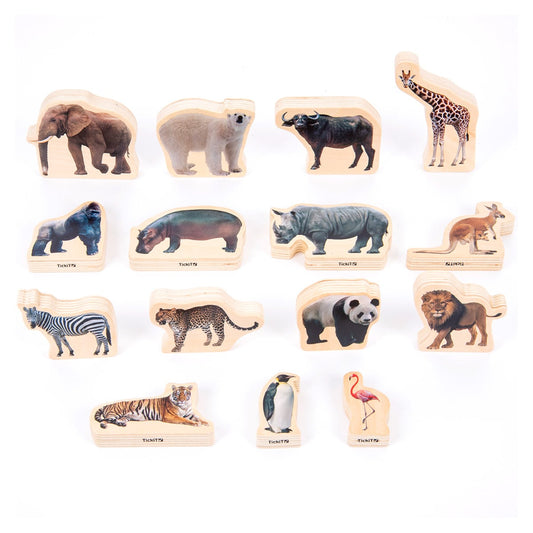 Blocuri din lemn cu Animale salbatice, 15 piese, Tickit