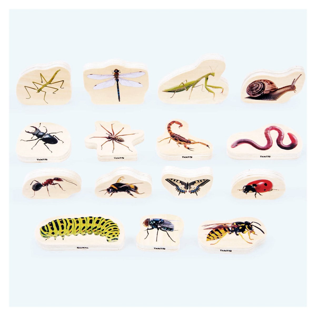 Blocuri din lemn cu Insecte, 15 piese, Tickit