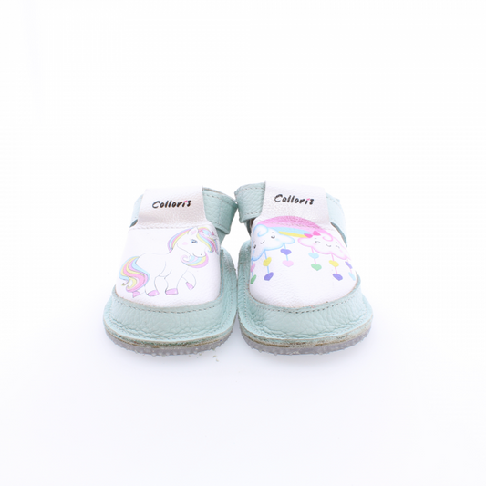Pantofi / Sandale din piele naturala cu print digital Unicorn si nori pentru cresa, gradinita si interior