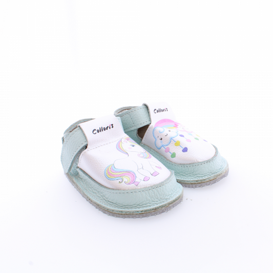 Pantofi / Sandale din piele naturala cu print digital Unicorn si nori pentru cresa, gradinita si interior